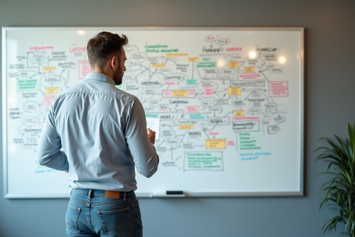Homme d affaires devant un tableau blanc coloré
