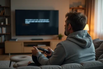 Homme frustré devant un téléviseur Bbox Miami affichant un écran noir avec un code erreur F3411 Bouygues