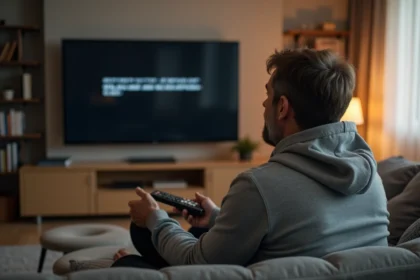 Homme frustré devant un téléviseur Bbox Miami affichant un écran noir avec un code erreur F3411 Bouygues
