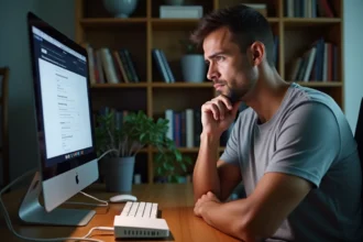 Homme frustré devant son ordinateur portable avec un routeur Wi-Fi affichant une erreur de connexion réseau 192.168.0.222
