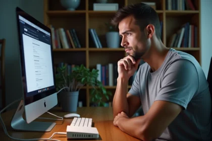 Homme frustré devant son ordinateur portable avec un routeur Wi-Fi affichant une erreur de connexion réseau 192.168.0.222