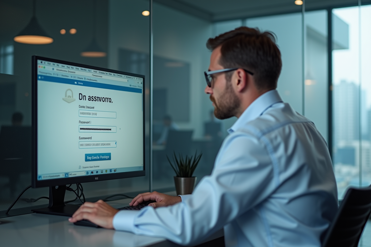 Homme utilisant un générateur de mot de passe sur un ordinateur au bureau
