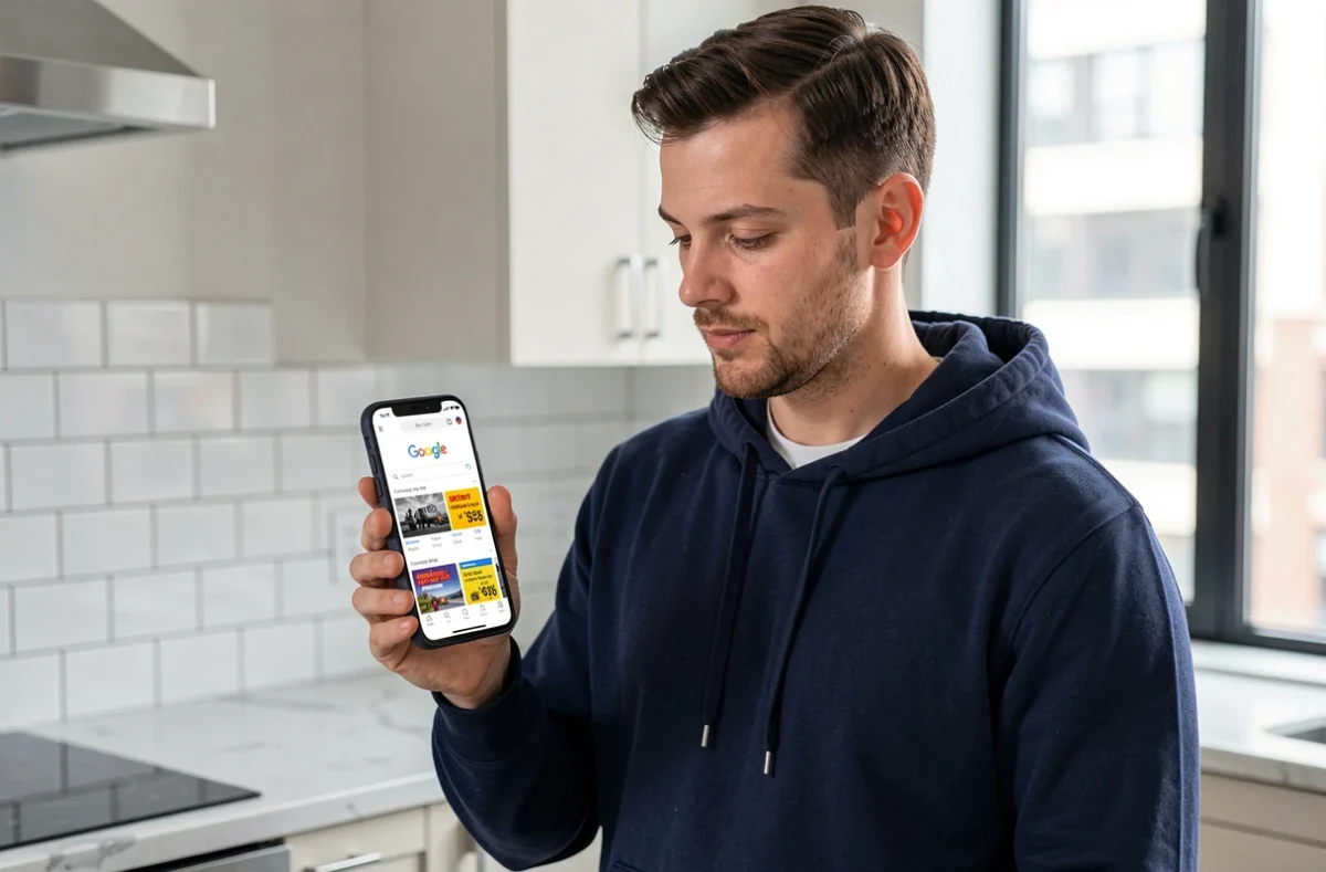 Homme consultant Google USA sur smartphone pour trouver des bons plans et promotions américains