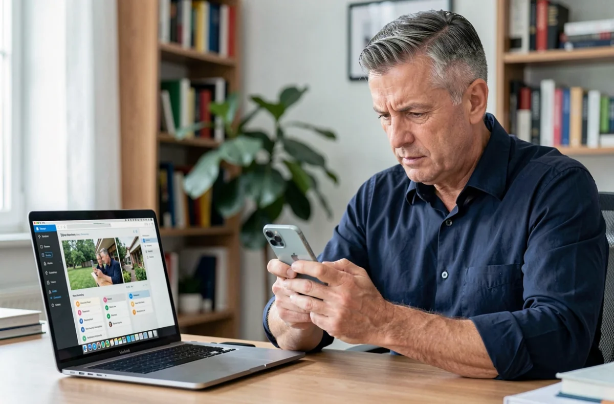 Homme utilisant un logiciel de récupération de photos sur MacBook connecté à son iPhone
