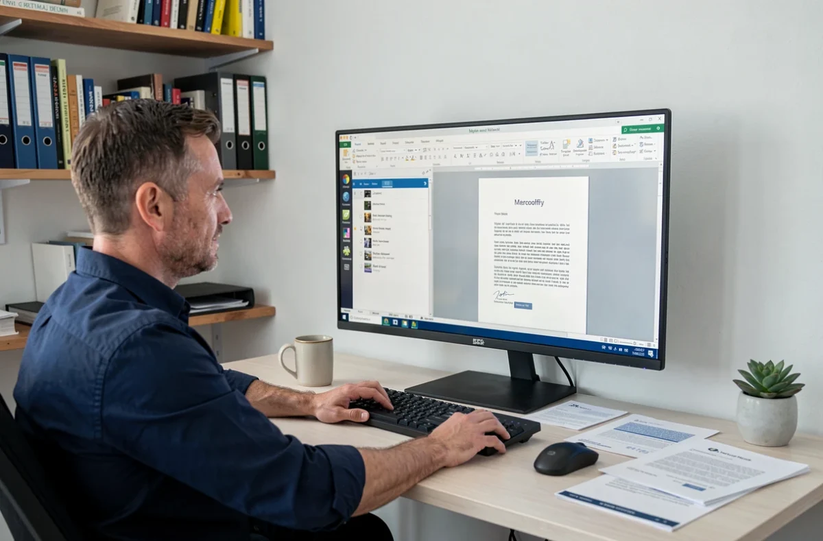 Homme travaillant sur un modèle de publipostage Word avec données Excel sur double écran à domicile