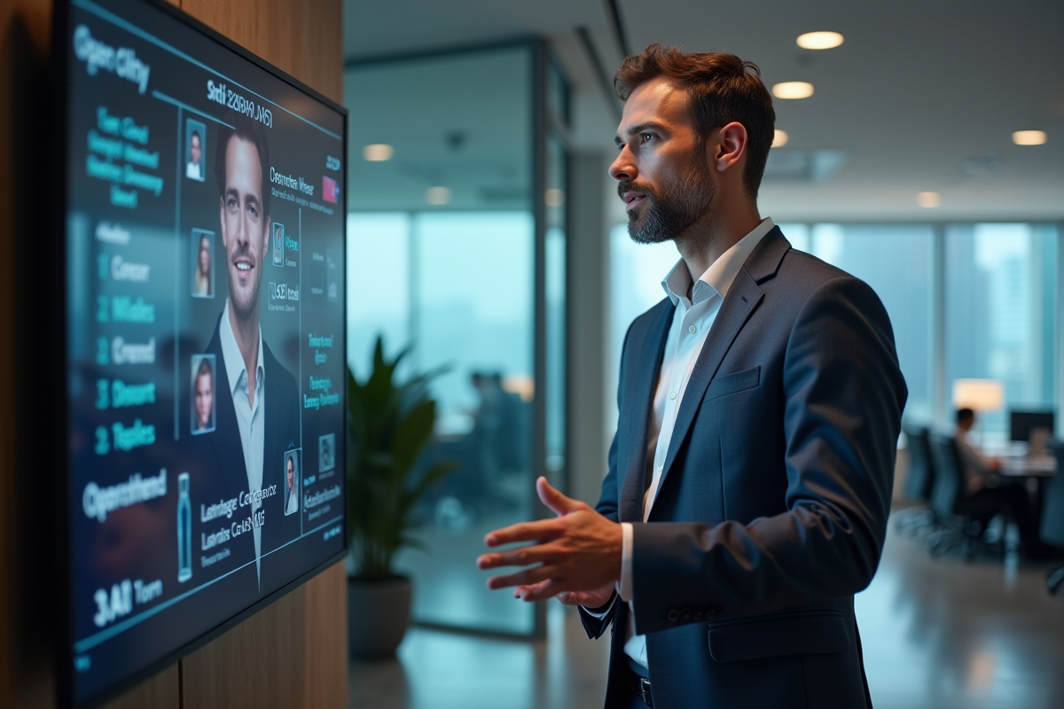 Homme en costume discutant avec une interface AI dans un bureau moderne