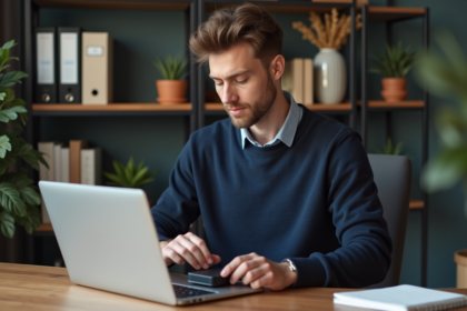 Homme en sweater bleu branche un disque dur sur son ordinateur