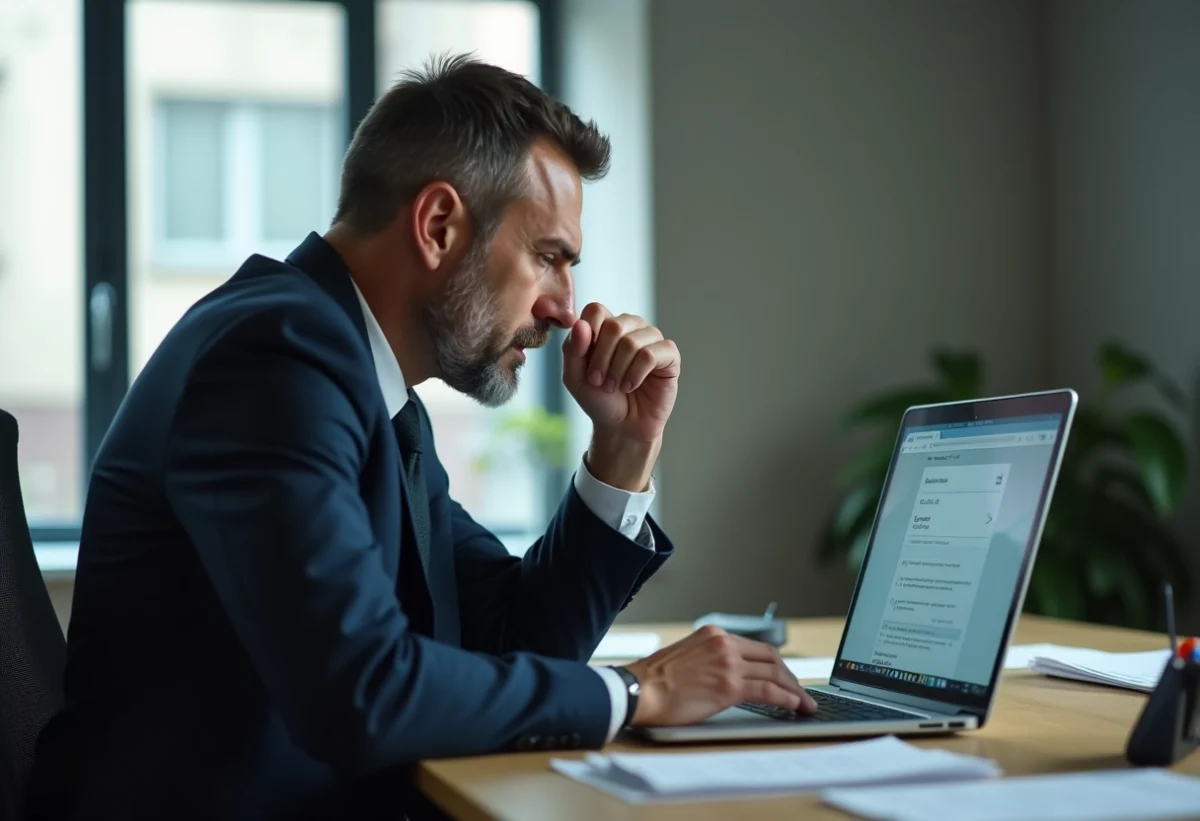 Homme d affaires regardant un écran d ordinateur avec frustration