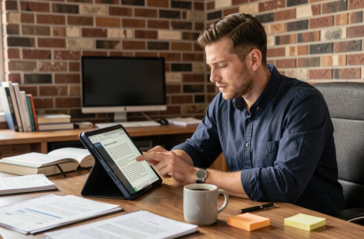 Homme consultant un fichier PDF sur tablette Android dans un bureau à domicile