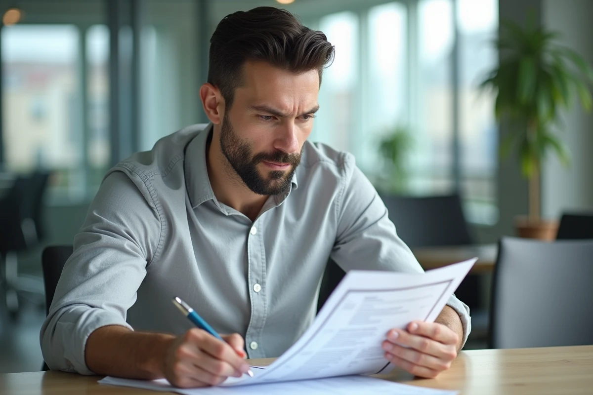 Homme examinant un CV imprimé dans un espace lounge lumineux