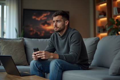 Jeune homme regardant un écran TV vide avec déception