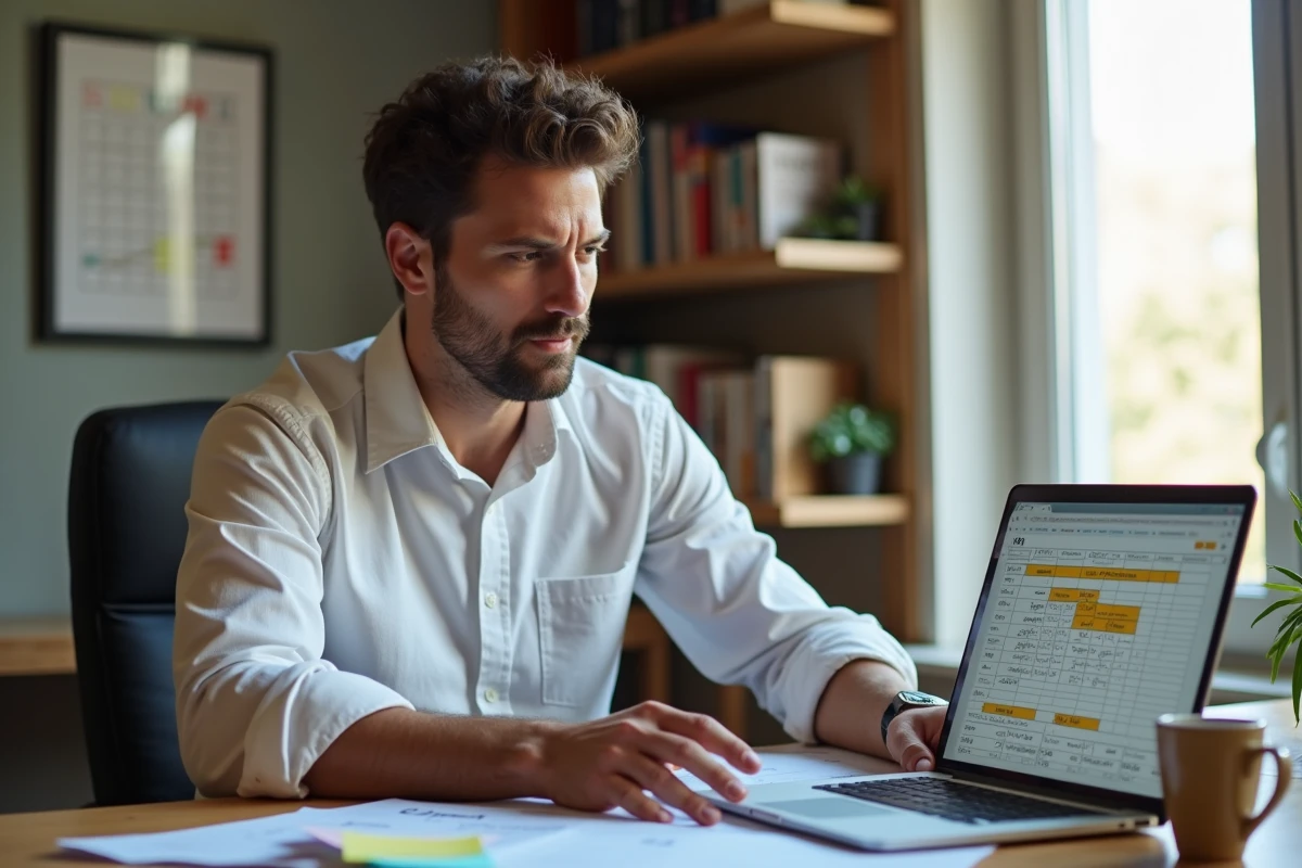 Homme en télétravail saisissant une formule de soustraction d'heures dans Excel sur un bureau à domicile organisé avec des documents de suivi de projet