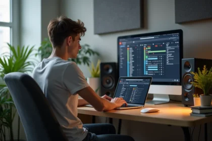 Jeune homme en home office avec ordinateur et panneaux acoustiques