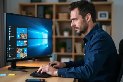 Homme utilisant un bureau Windows pour accéder aux paramètres des icônes système sur l'écran d'ordinateur