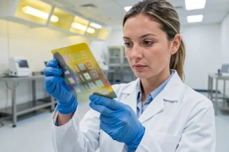 Ingénieure en salle blanche tenant une plaquette de silicium avec des capteurs MEMS gravés, environnement de laboratoire semiconducteur stérile et haute technologie