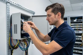 Technicien informatique installant un serveur dans un rack mural dans une salle réseau de succursale