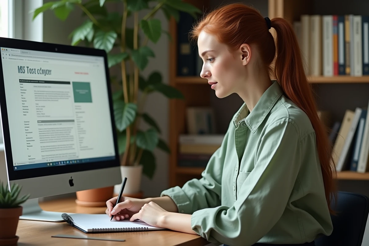 Jeune enseignante prenant des notes depuis le site Infonovateur.com à son bureau à domicile