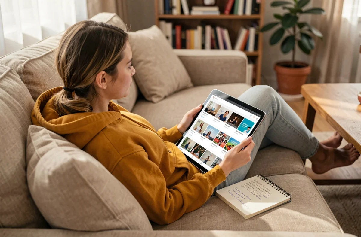 Jeune femme consultant une archive personnelle de cours en ligne sur une tablette depuis son canapé