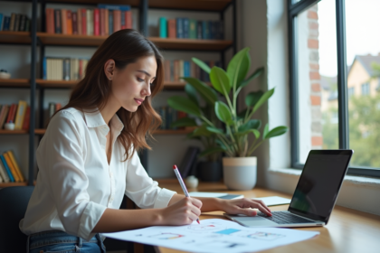 Jeune femme en bureau créatif esquissant un site web