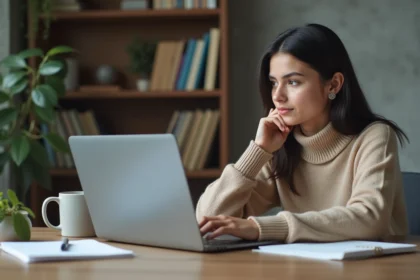 Jeune femme au bureau avec ordinateur et notes