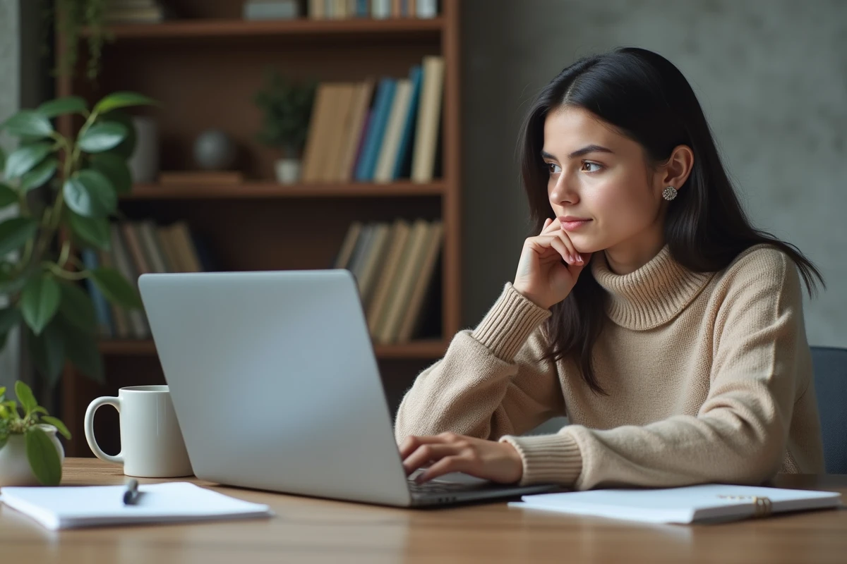 Jeune femme au bureau avec ordinateur et notes