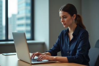 Jeune femme professionnelle travaillant sur un ordinateur dans un bureau moderne