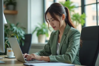 Jeune femme professionnelle au bureau avec ordinateur portable