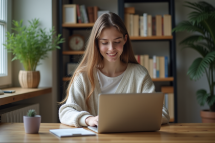 Jeune femme utilisant un chatbot sur son ordinateur dans un bureau cosy