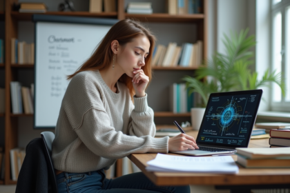 Jeune femme en étude avec ordinateur et livres sur le quantique
