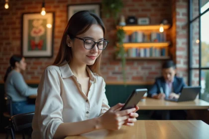 Jeune femme au café utilisant son smartphone avec concentration