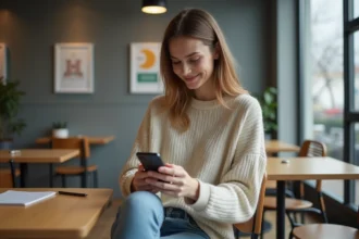 Jeune femme utilisant son smartphone dans un café moderne