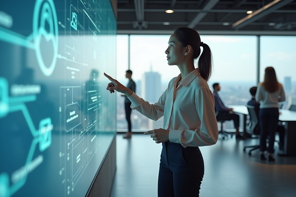 Jeune femme en réunion avec tableau digital interactif