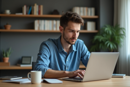 Jeune homme en bureau moderne travaillant sur son ordinateur
