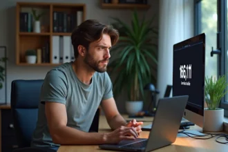 Jeune homme en bureau moderne face à un écran d'ordinateur avec erreur réseau