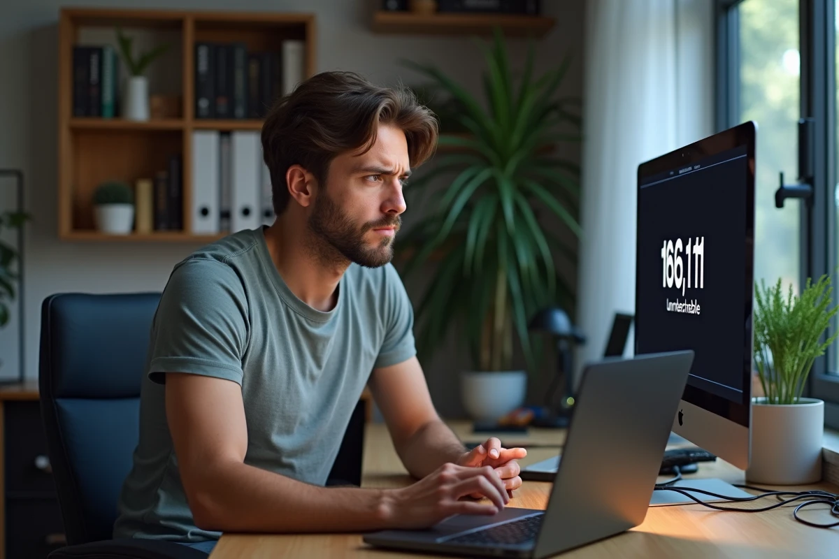 Jeune homme en bureau moderne face à un écran d'ordinateur avec erreur réseau