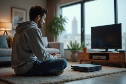 Jeune homme jouant à la console dans un salon moderne