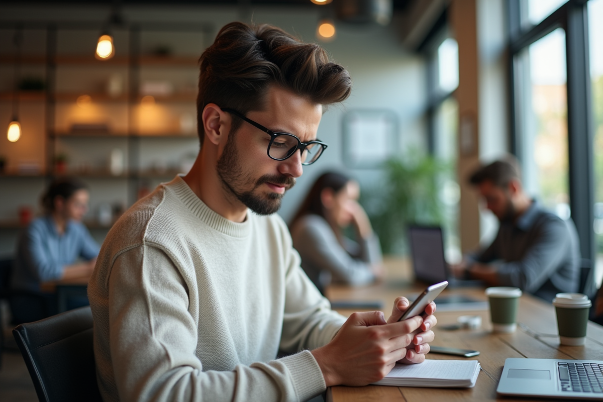 Jeune homme en coworking vérifiant ses notes de sécurité sur smartphone