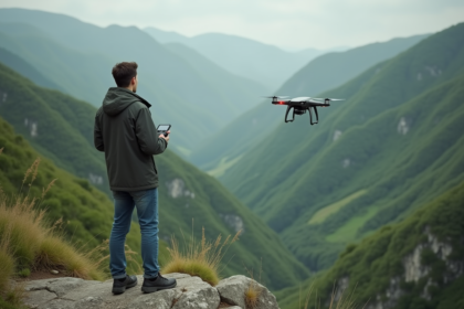 Jeune homme avec drone sur une falaise verte