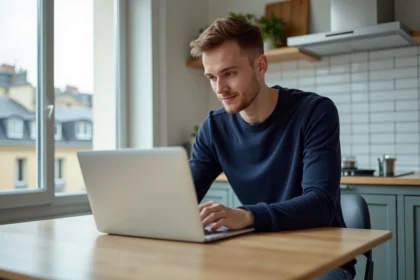 Jeune homme avec ordinateur portable dans un appartement parisien