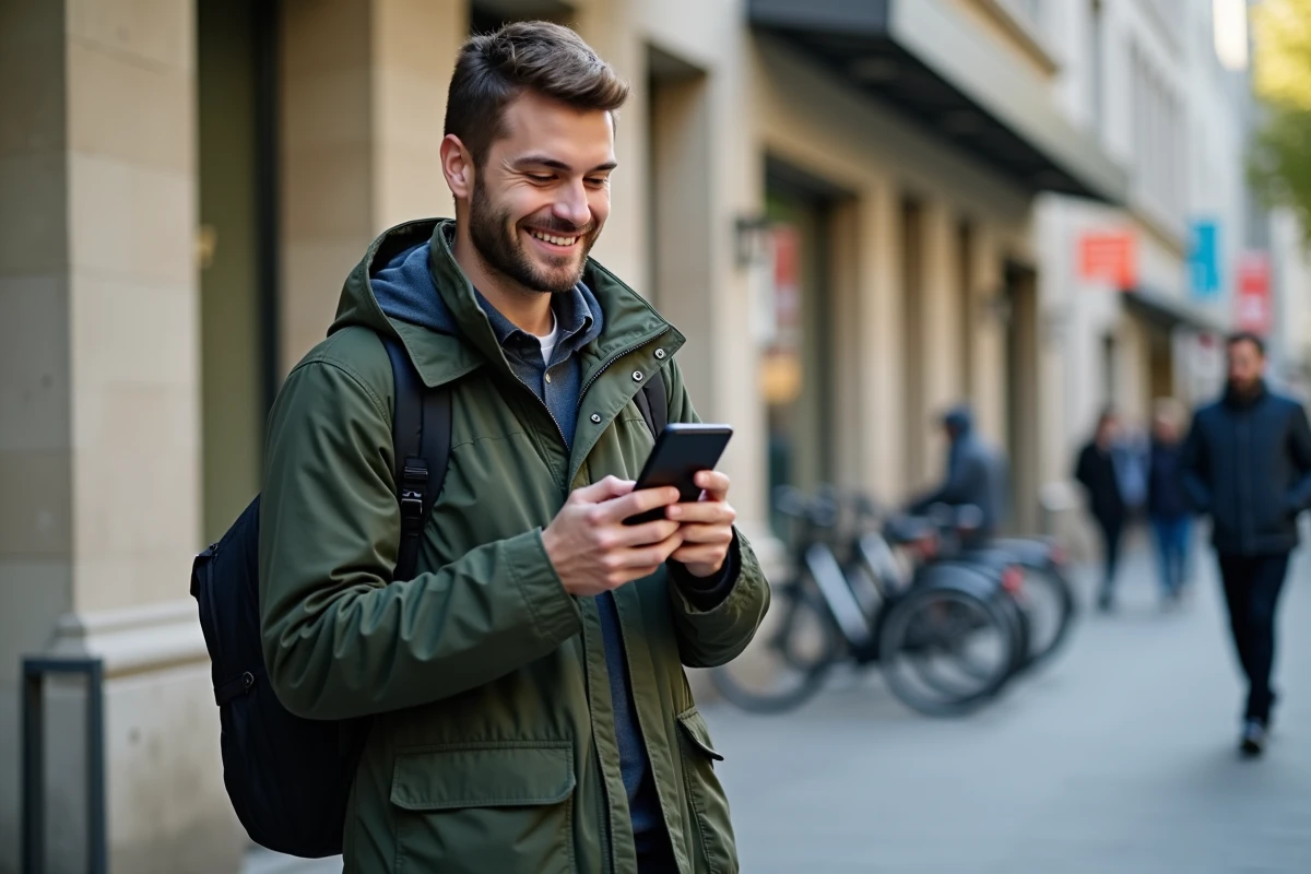 Jeune homme utilisant son téléphone devant la bibliothèque à Dijon