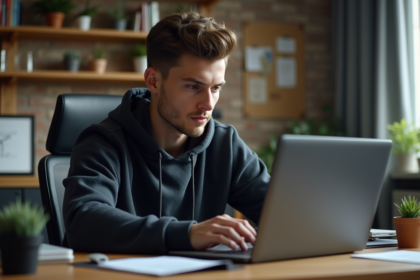 Jeune homme concentré travaillant sur son ordinateur dans un bureau moderne