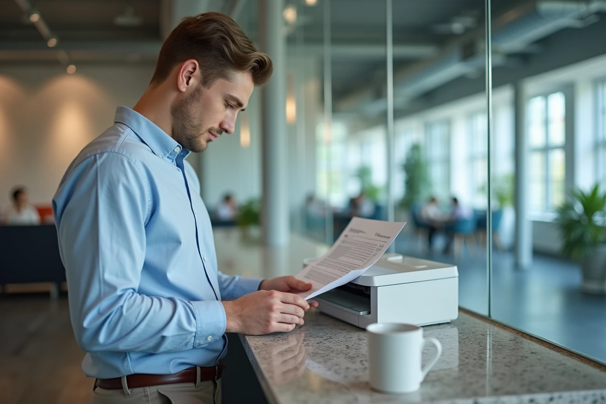 Jeune homme scannant un document dans un bureau moderne