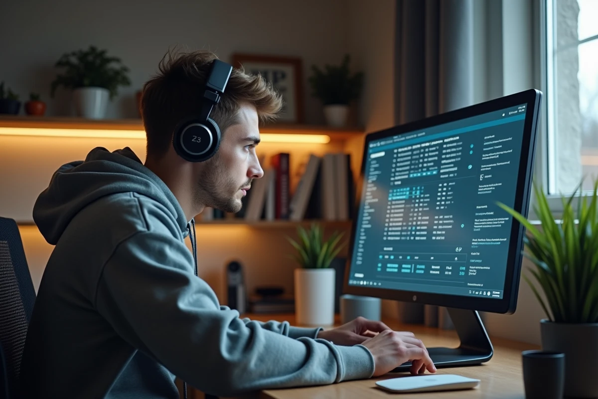 Jeune homme en hoodie et casque concentré sur son écran informatique