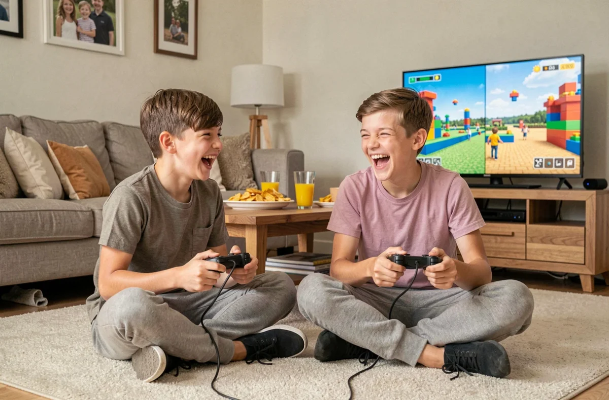 Deux frères jouant à Minecraft en écran partagé sur la même console dans un salon familial