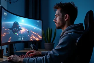 Joueur adulte en train de jouer à Eve Online sur un écran ultrawide 21/9 1080p étendu dans un bureau gaming sombre en 2026