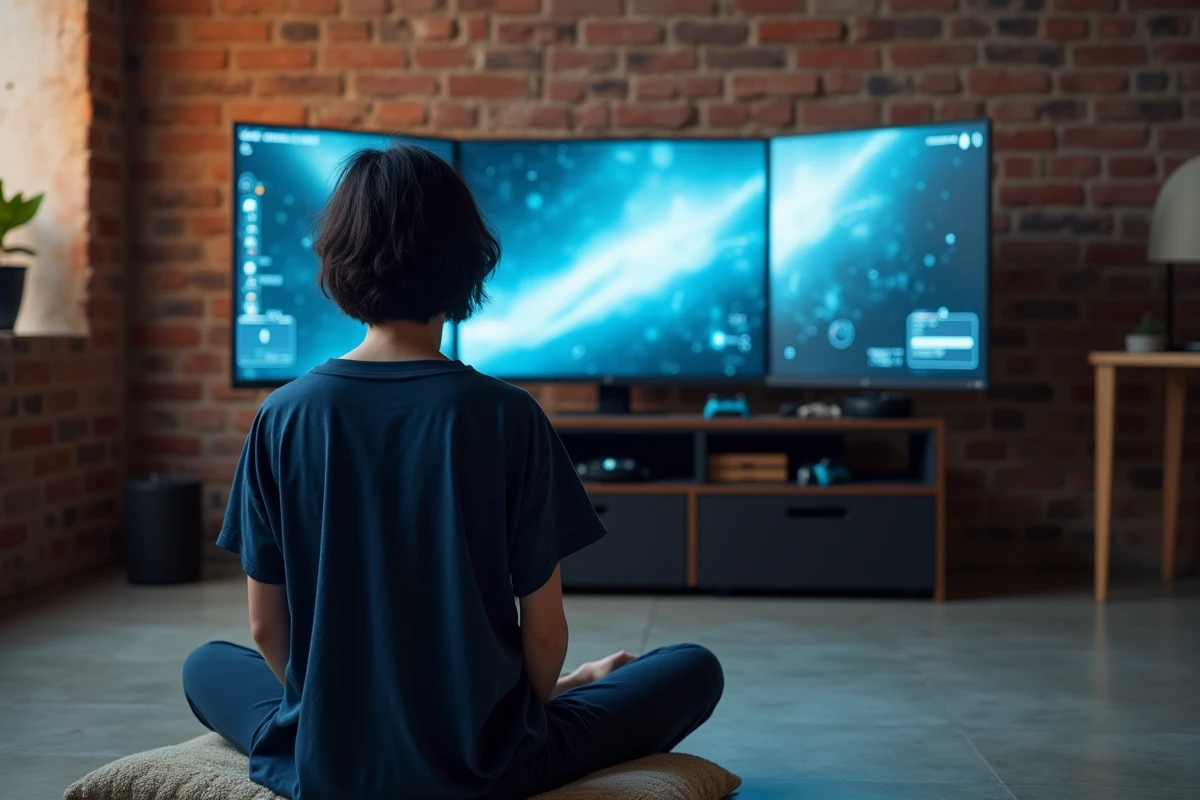 Joueuse assise sur un coussin devant un setup multi-écrans ultrawide avec interface Eve Online étendue dans un loft urbain