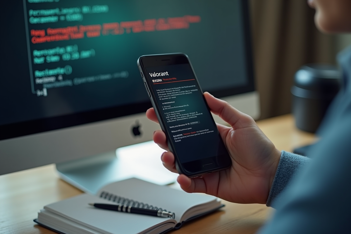 Mains tenant un smartphone devant un écran avec erreur Valorant