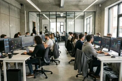 Bureau moderne d'une agence spécialisée en intelligence artificielle dans le Nord avec des professionnels travaillant sur des interfaces IA