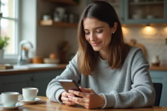 Mère séparée consultant l'application ENT77 sur son smartphone depuis son domicile pour suivre la scolarité de son enfant