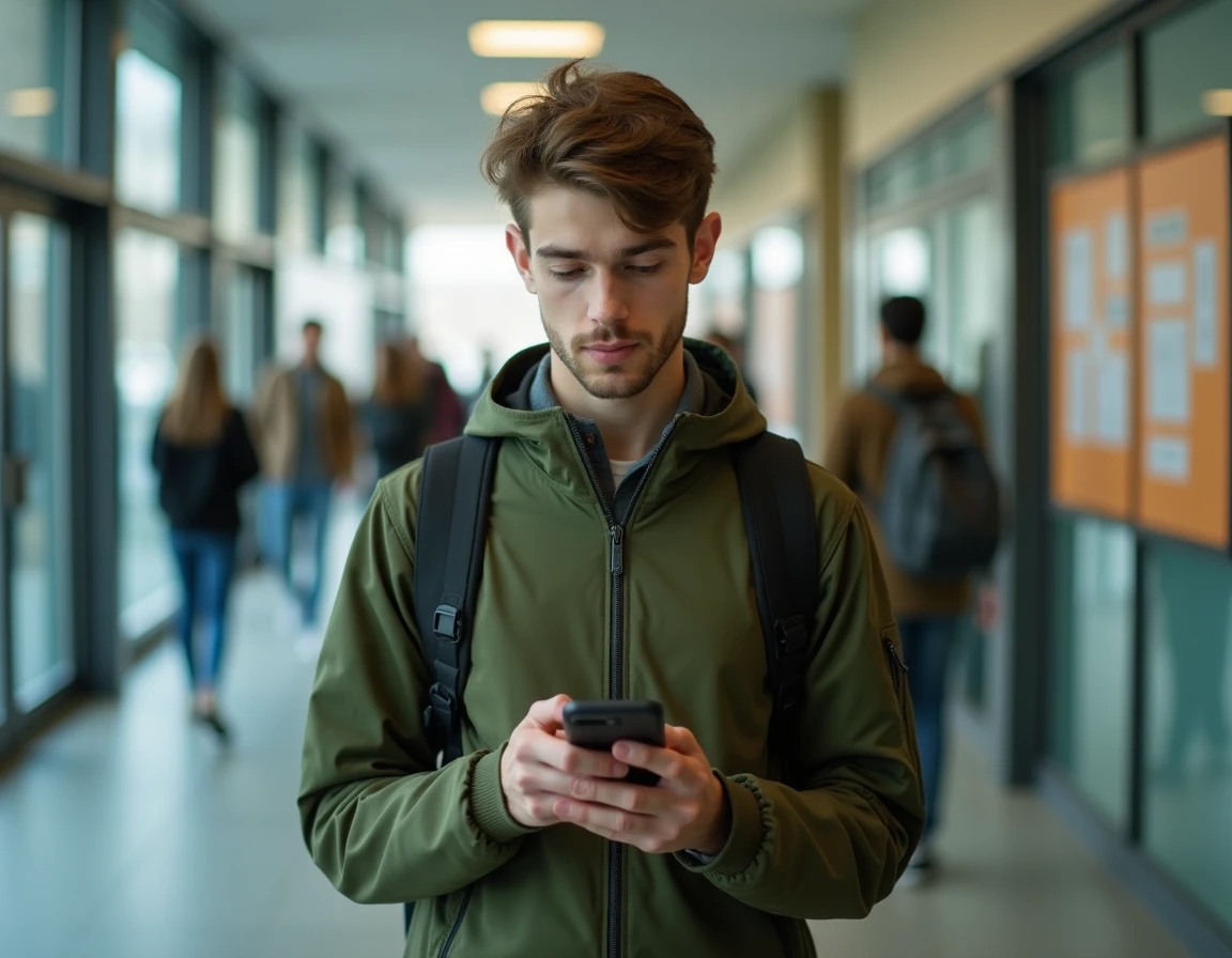 Étudiant paramétrant sa messagerie ac-Grenoble sur mobile dans un couloir universitaire